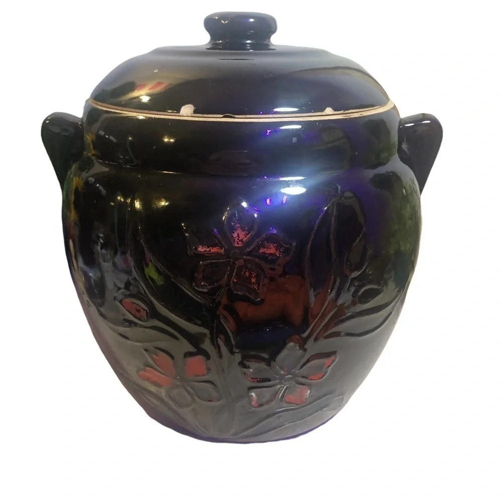 Vintage Crock Cookie Jar, Bean Pot & Lid, Cold Paint Floral